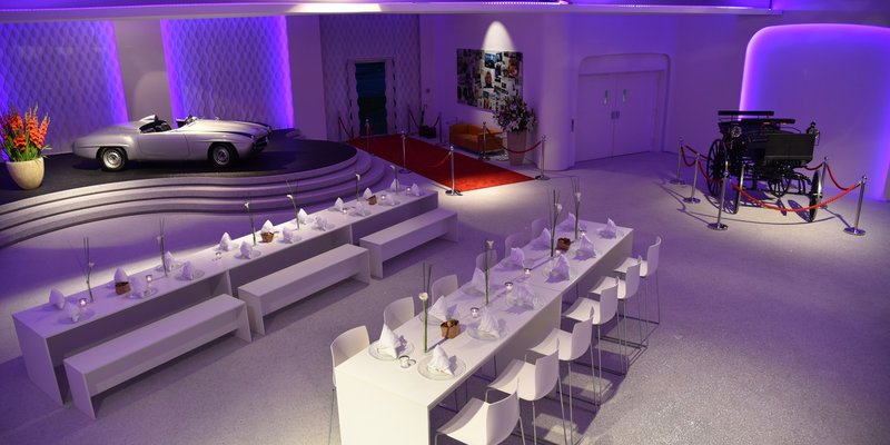 Classic car showroom with organic shapes